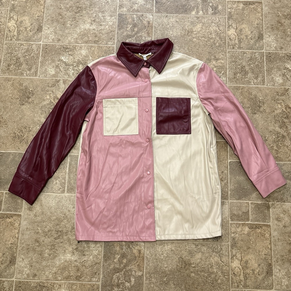 NWT FSL Faux Leather Colorblock Shacket Medium Pink Burgundy Cream Pockets